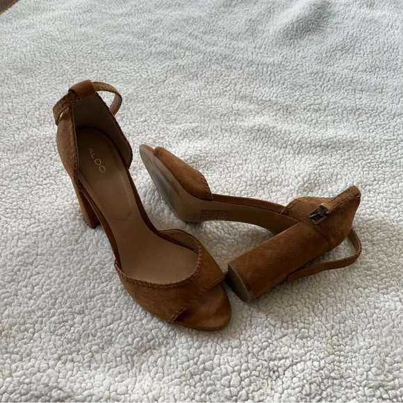 Aldo Elvyne Cognac Brown Leather Suede Open Toe Heels - Picture 4 of 6